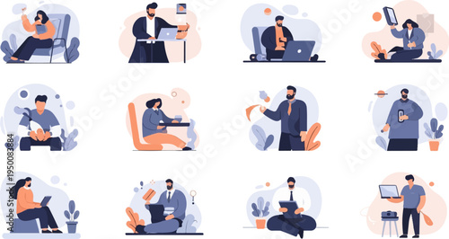 Diverse individuals engaged in various professional and personal activities using technology