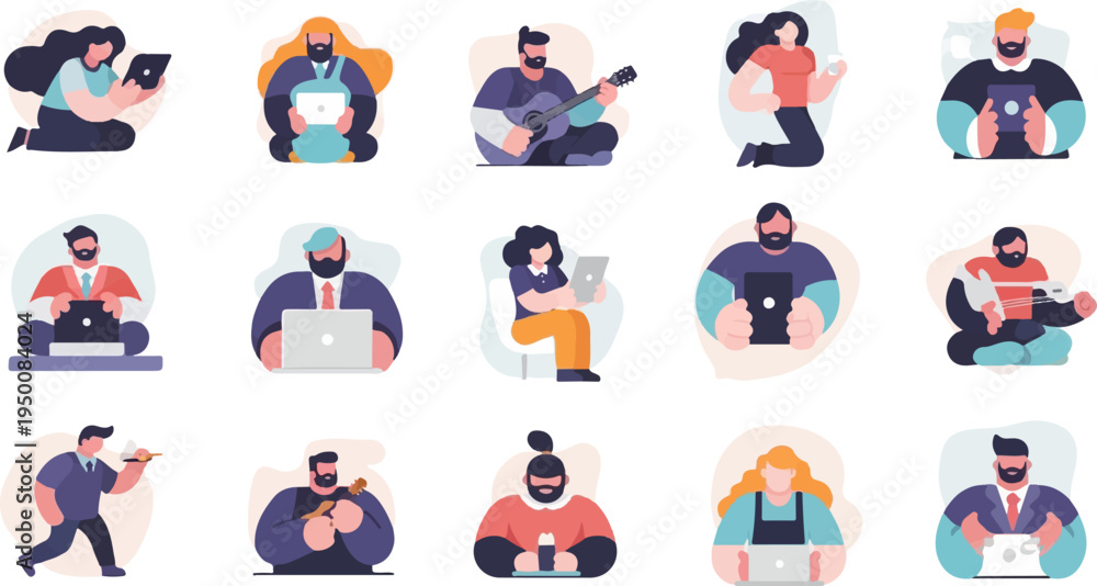 Fototapeta premium Diverse people engage in various activities, from digital interaction to musical pursuits