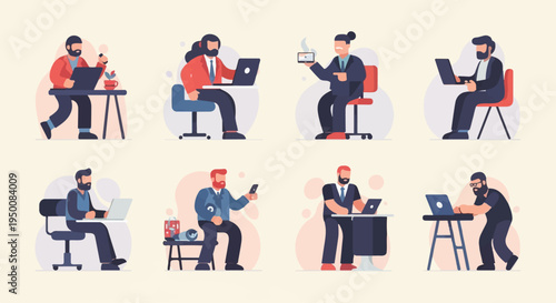 Diverse individuals working on laptops and devices in a modern setting