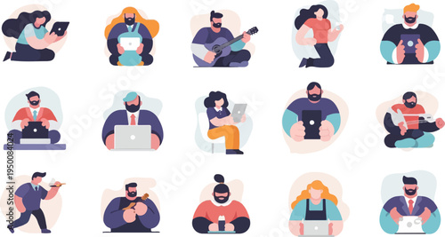 Diverse people engage in various activities, from digital interaction to musical pursuits