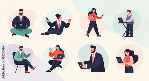 Diverse individuals working on laptops and devices in casual and professional settings