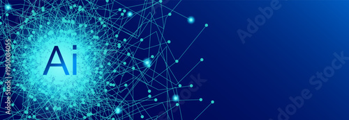 AI technology abstract vector banner template. Creative blue shine long background for artificial intelligence meta universe presentation, conference