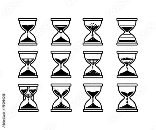 Hourglass sand separation: sand timer hourglass, hourglass with funnel filter, hourglass with particle sorting, hourglass with layered sand levels, hourglass with mesh separator