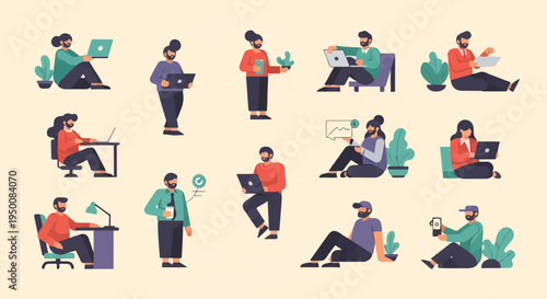 Diverse individuals working on laptops and devices in various casual settings