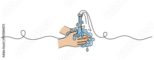 Hands washing under running tap in minimal line illustration. no editable strokes