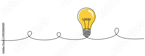 Light bulb illuminated standing on continuous line background. no editable strokes