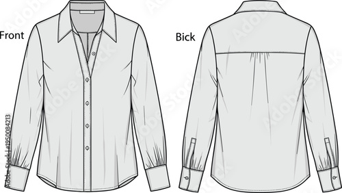 Women long sleeve button shirt technical fashion illustration, front and back view, collared blouse flat sketch apparel vector template design
