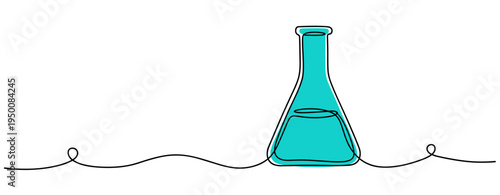 Laboratory flask containing liquid on continuous line. no editable strokes