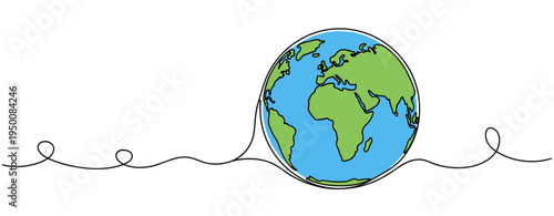 Earth globe centered on wavy continuous line illustration. no editable strokes
