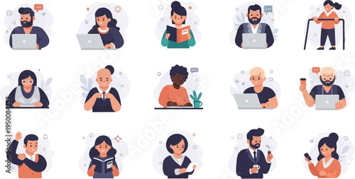 Diverse people engage in various activities like working, reading, and exercising