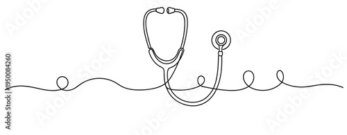 Stethoscope hanging on continuous line across white background. no editable strokes