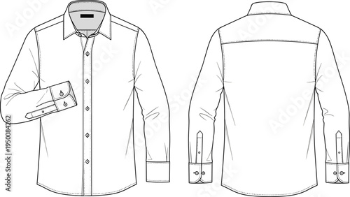 Women long sleeve button shirt technical fashion illustration, front and back view, collared blouse flat sketch apparel vector template