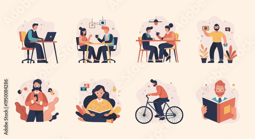 Diverse people engage in various activities like working, socializing, and hobbies