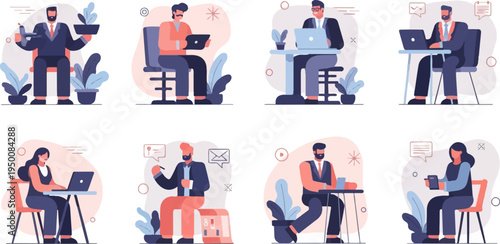 Diverse individuals working and communicating digitally in modern office settings