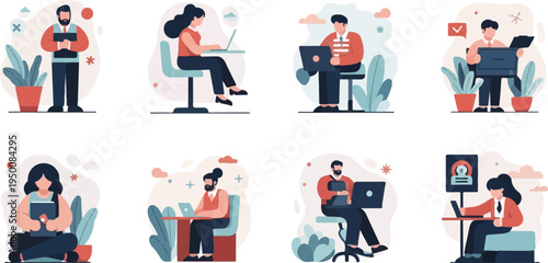 Diverse individuals working remotely and on laptops in stylized, flat design