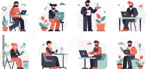 Diverse individuals working remotely with laptops and devices in a cozy setting