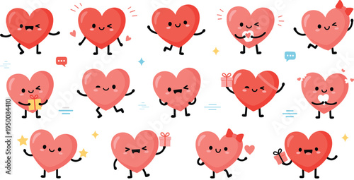 Cute heart cartoon character collection with happy expressions, gifts and playful poses, adorable love mascot illustrations for Valentine theme colorful vector set