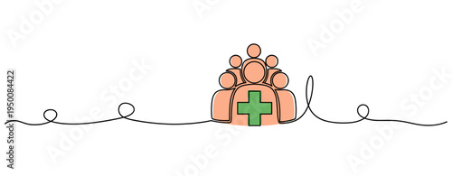 Group of people with medical cross on continuous line. no editable strokes