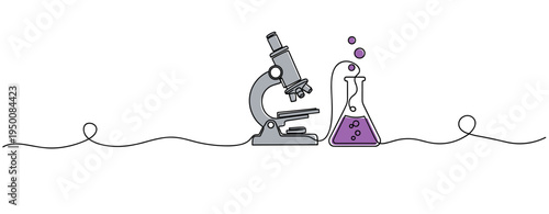 Microscope and flask with bubbling liquid on continuous line. no editable strokes