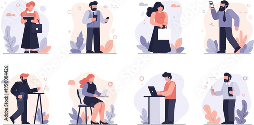 Diverse modern individuals engaged with technology and daily tasks