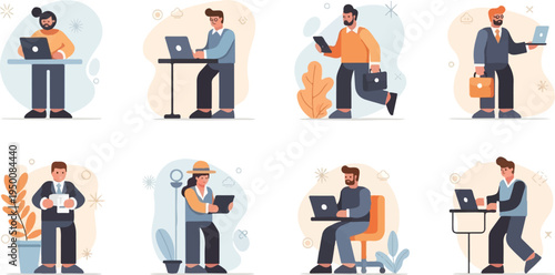 Diverse individuals working with laptops and tablets in casual, modern settings