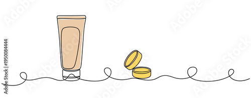 Cosmetic tube and open cream jar on continuous line. no editable strokes