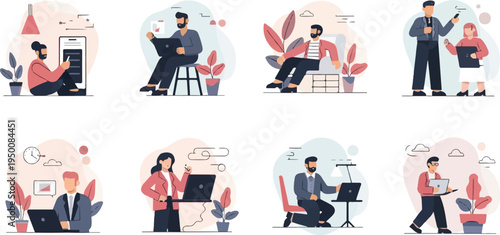 Diverse individuals working remotely with laptops and smartphones in various settings