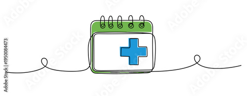 Calendar showing medical cross on continuous line background. no editable strokes