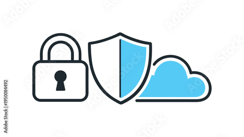 Cybersecurity awareness and safe data protection in modern digital infrastructure, a closed padlock positioned beside a simple shield and a small cloud forming a clear visual
