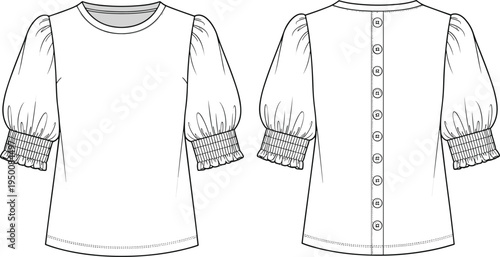 Women puff sleeve blouse technical fashion illustration, front and back view, short sleeve smocked cuff top flat sketch apparel vector