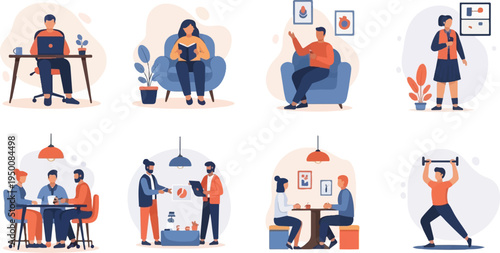 Diverse modern life scenes with people working, relaxing, and exercising