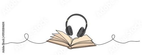 Open book with headphones resting in continuous line scene. no editable strokes