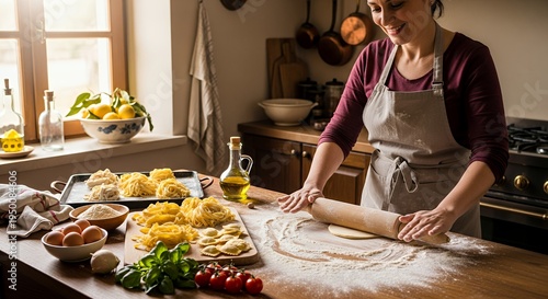 Woman happily making pasta from scratch at a wooden table, dusting flour and using a rolling pin