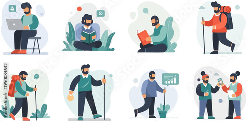 Diverse men engaged in various activities, including work and leisure