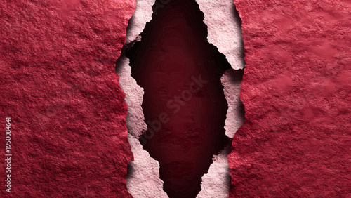A realistic torn paper effect frame reveals dark red background