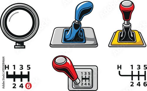 Vector illustration set of car gear shift mechanisms including manual H‑pattern, automatic levers, transmission diagrams, and automotive control icons.