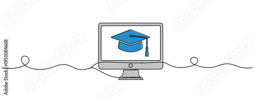 Computer displaying graduation cap for online education. no editable strokes