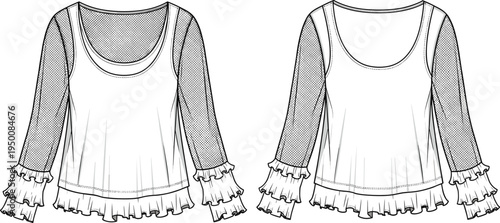 Women ruffle hem blouse technical fashion illustration, front and back view, mesh long sleeve layered top flat sketch apparel vector
