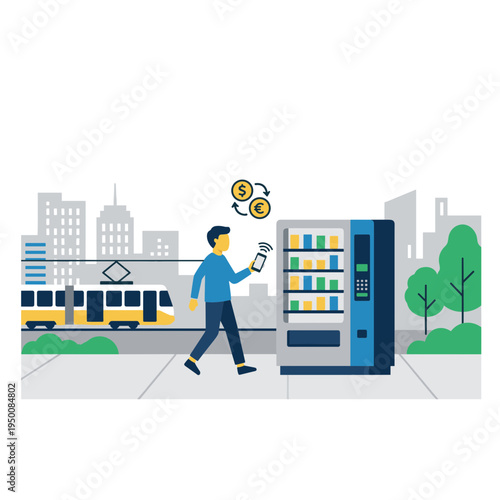 Man buys snack from vending machine on city sidewalk near bus