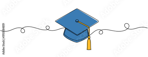 Graduation cap with tassel floating on continuous line background. no editable strokes