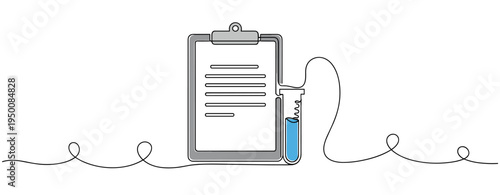 Medical clipboard linked to test tube by continuous line. no editable strokes