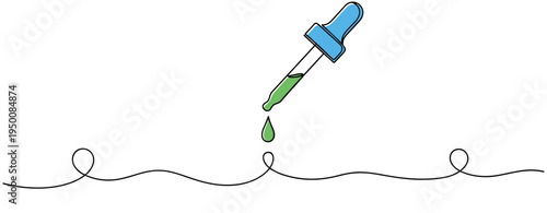 Dropper releasing green liquid drop above flat line on white background. no editable strokes