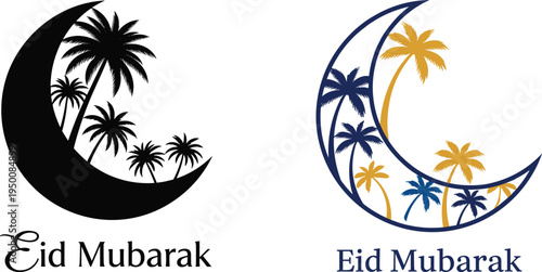 Stylized crescent moon illustration with palm trees and “Eid Mubarak” text in black and gold for Ramadan and Eid ul-Fitr festive artwork design.