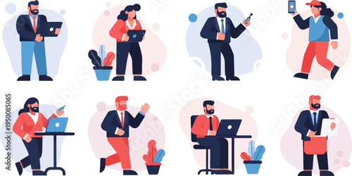 Diverse individuals in business attire engage with technology and plants