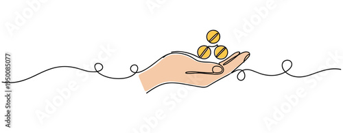 Hand presenting coins on continuous line background illustration. no editable strokes