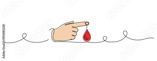 Hand pointing to single blood drop on continuous line background. no editable strokes
