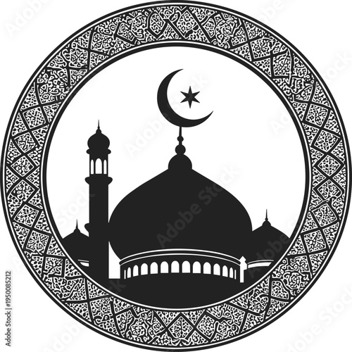 Stylized Islamic mosque silhouette with domes, minarets, crescent moon, and star enclosed in ornate geometric floral frame for Ramadan and Eid ul-Fitr artwork.