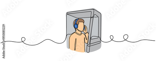 Person wearing headset talking inside small booth illustration. no editable strokes