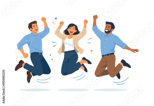 A positive teamwork celebration scene representing moments of excitement after achieving a shared goal or milestone, represented with three people jumping in cheerful poses beside