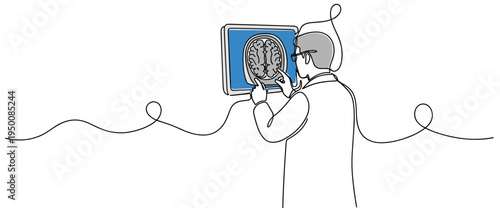 Doctor examining brain scan on monitor in minimal line illustration. no editable strokes